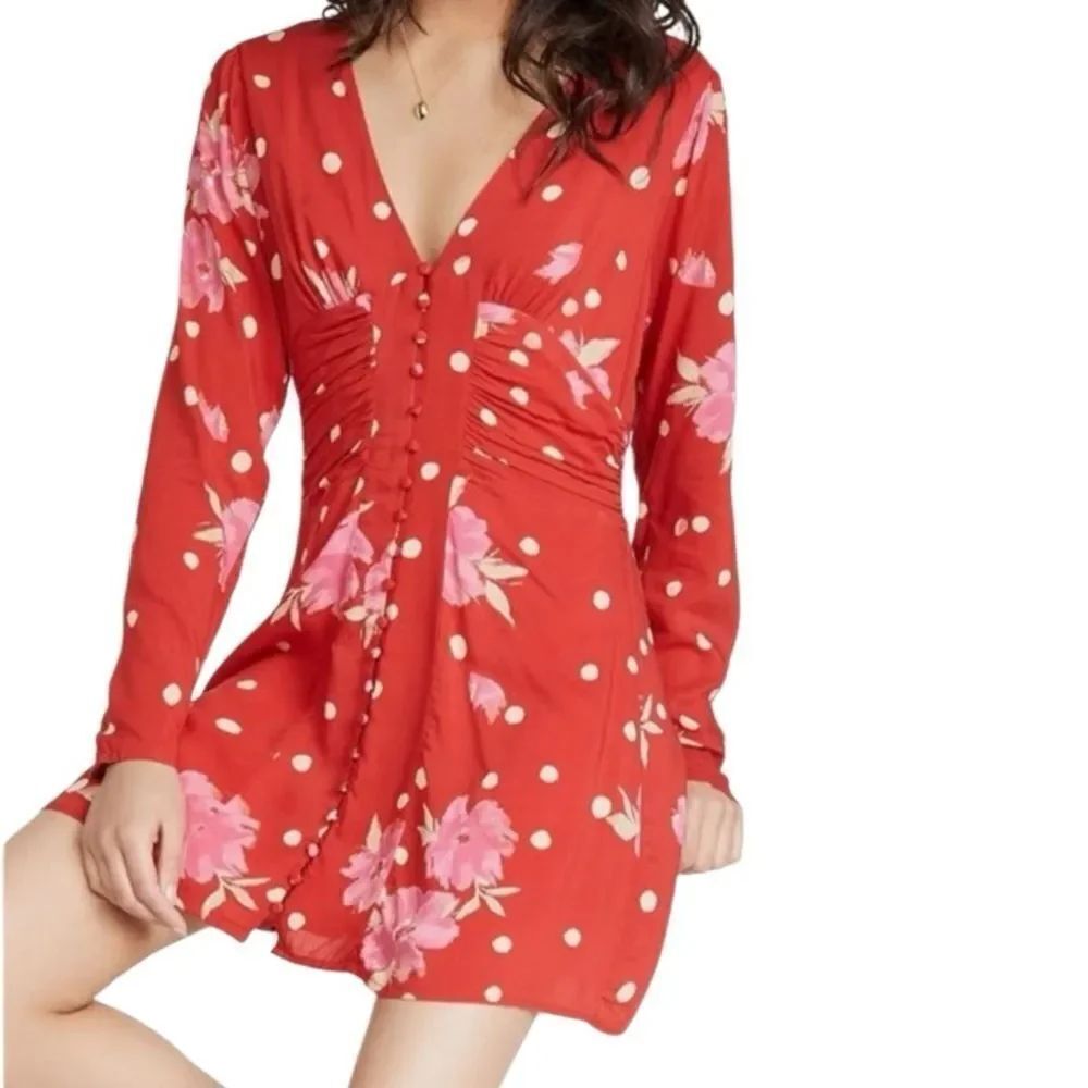 Free People Dress Date Night Strawberry Red Floral Dot Mini Size Medium (NWOT)